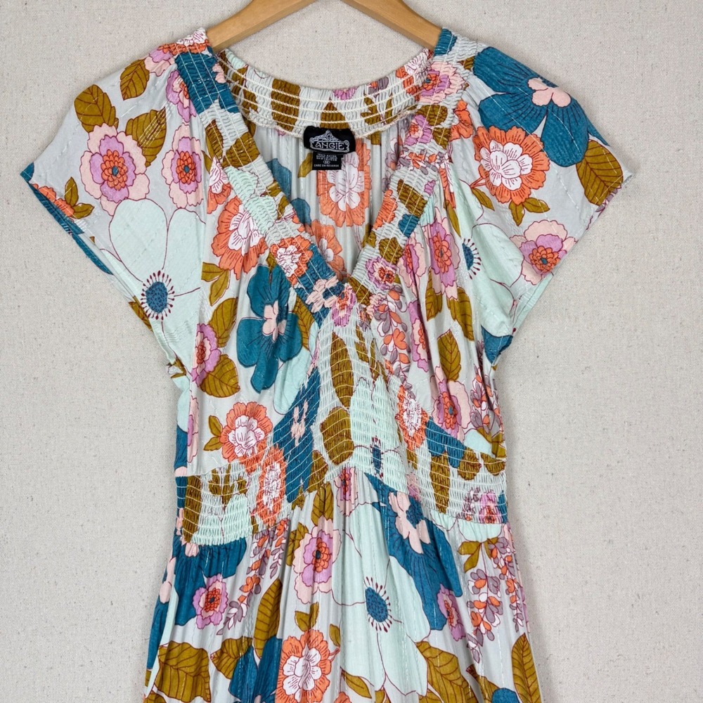 Floral Smocked Tiered Maxi Dress Blue Pink Orange Size M Cottage Core Fairy - Picture 2 of 10